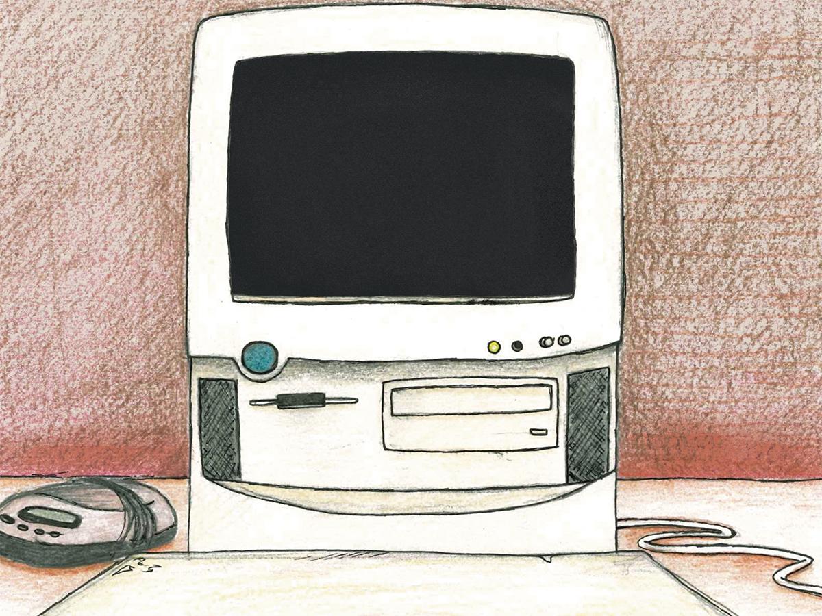 Illustration of a vintage desktop computer with a CRT monitor, floppy drive, and speakers, resembling an old-school educational computer setup.