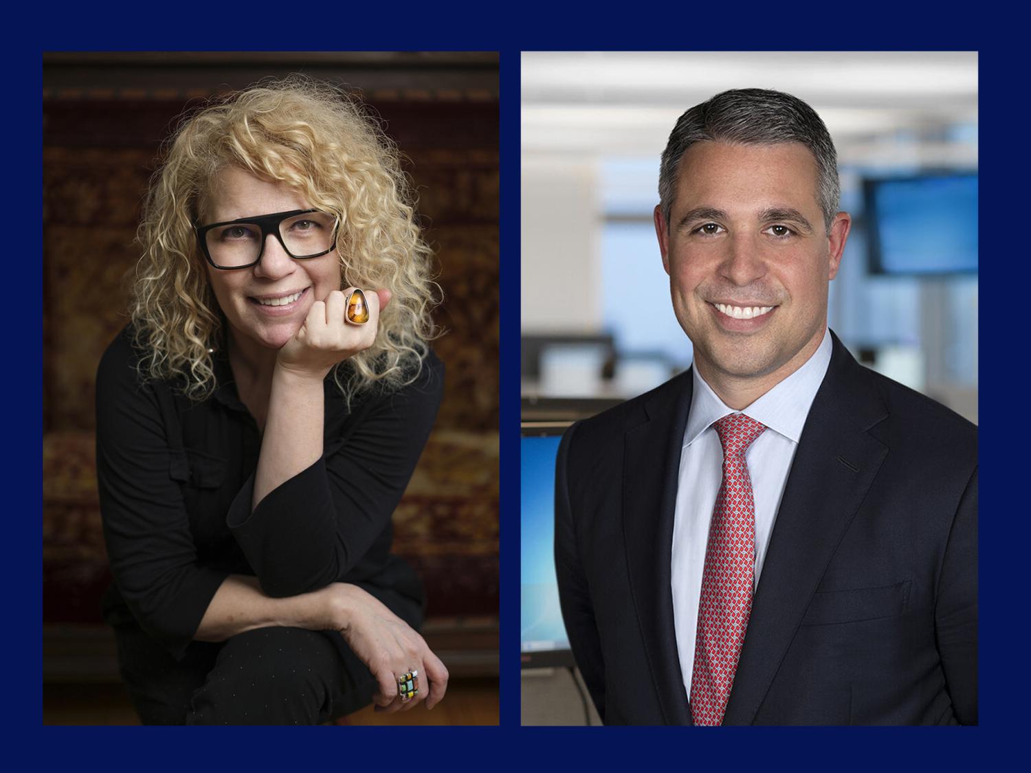 Headshots of Pearl Gluck and Ryan Newman on a blue background