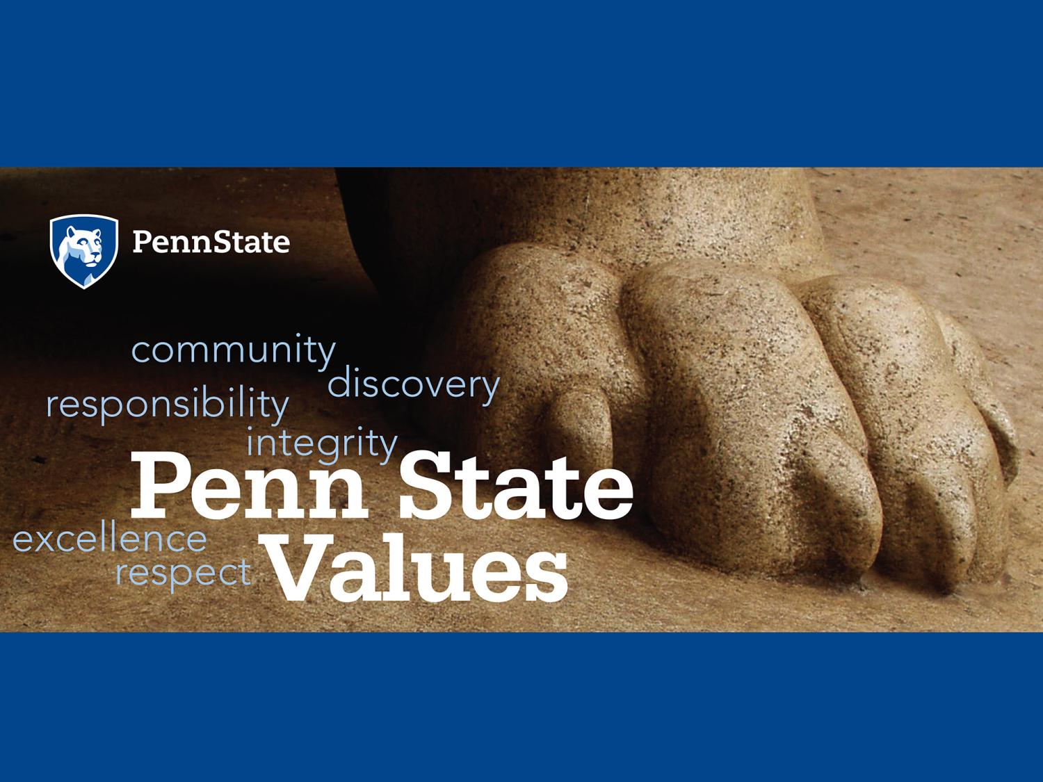 The Penn State Values — integrity, respect, responsibility, discovery, excellence and community on a blue background with the Nittany Lion paw