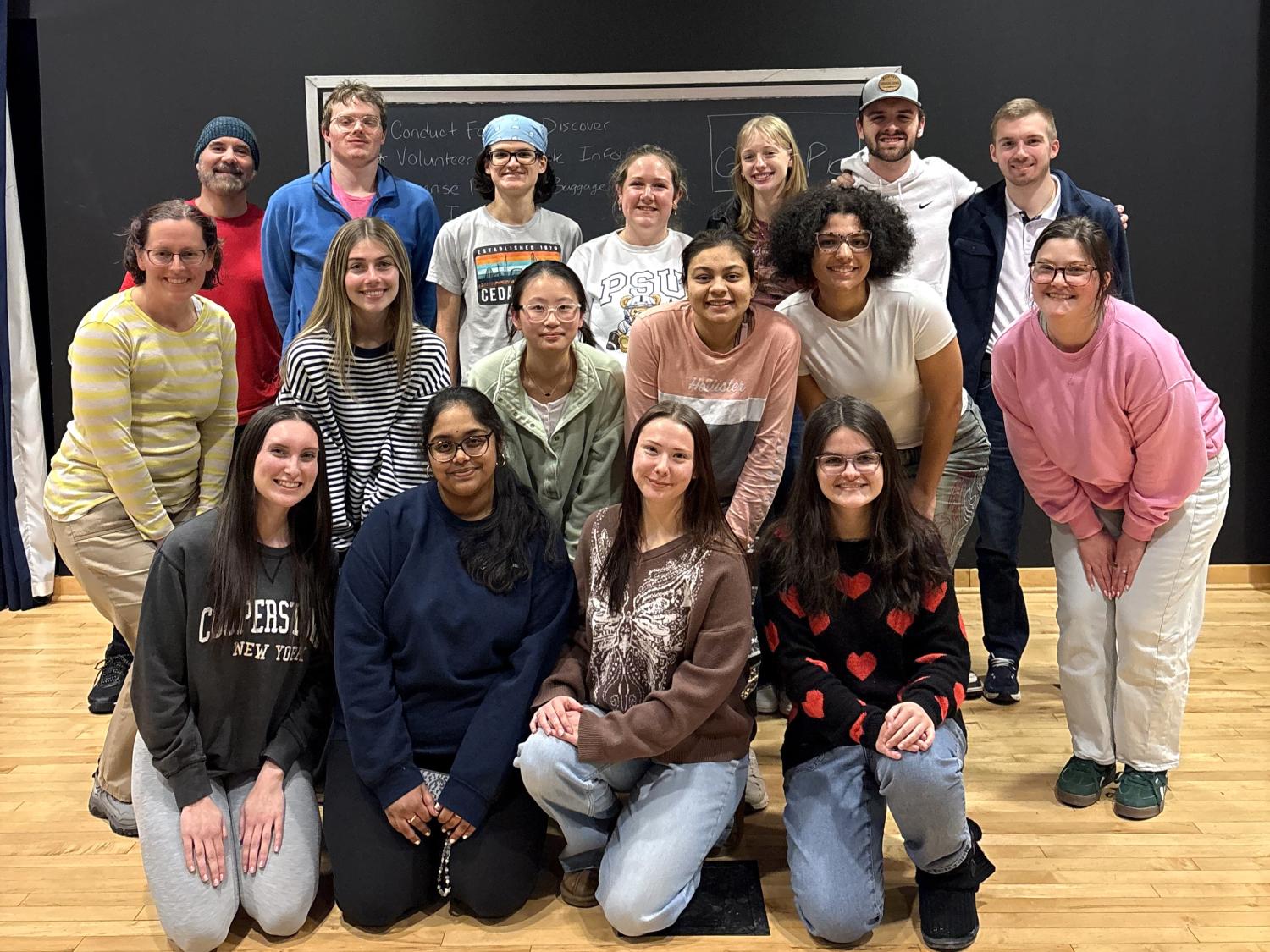 Fifteen students and three staff members from Penn State Behrend pose before leaving for the Ozarks and the Alternative Spring Break trip.