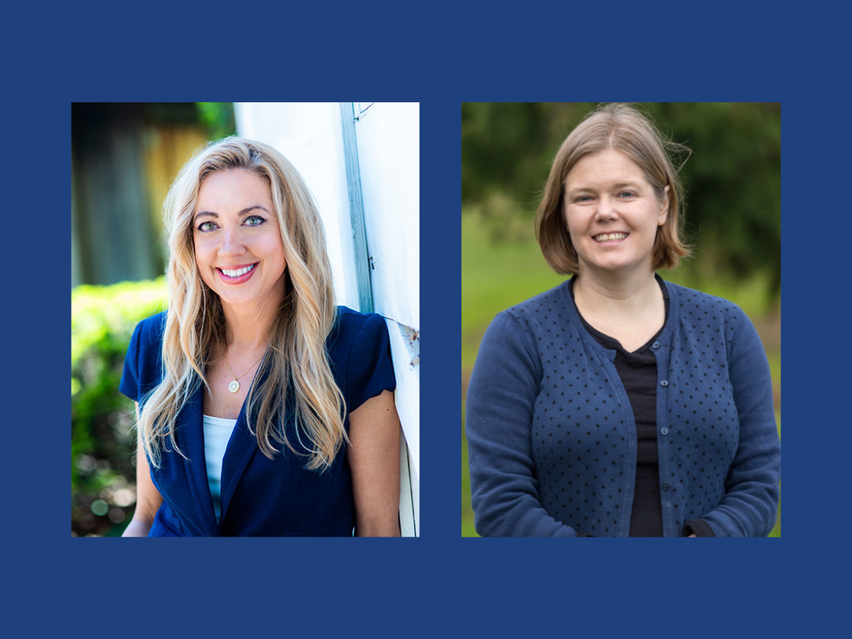 Christina Olear and Deborah Ousey headshots on blue background