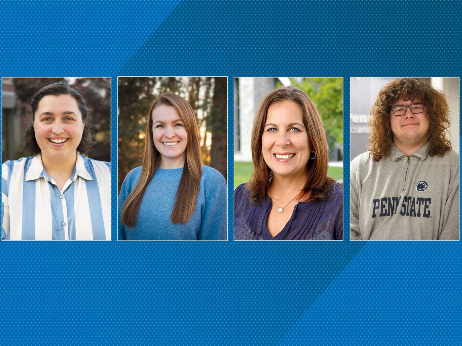 four headshots of new employees against a two-toned blue background