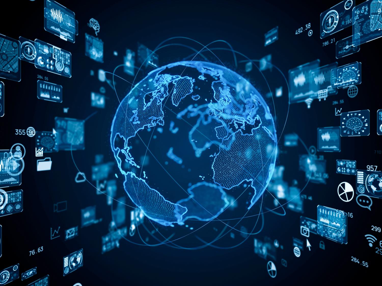 Graphic with globe in center surrounded by "tech" elements