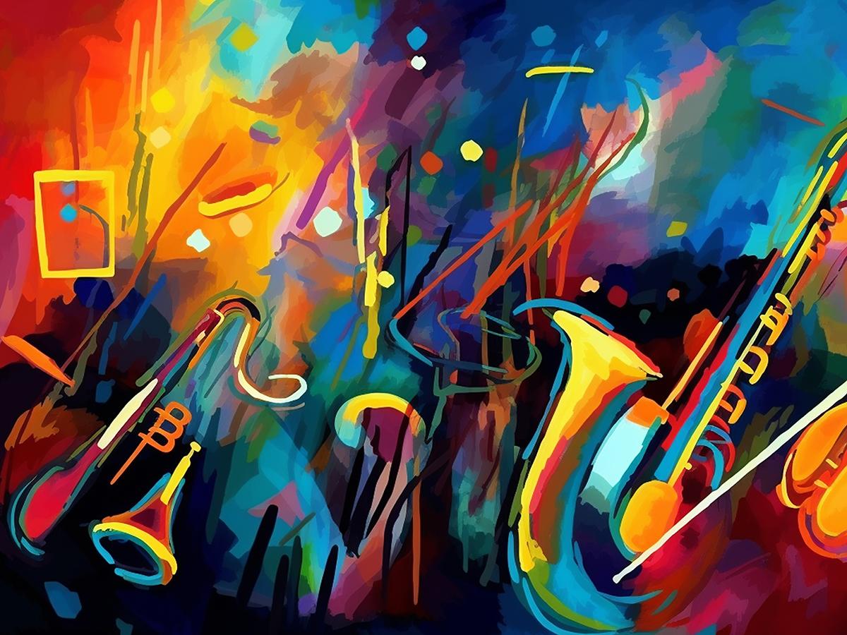 A colorful abstract illustration of jazz instruments—including saxophones, trumpets, and trombones—set against a vibrant, energetic background.