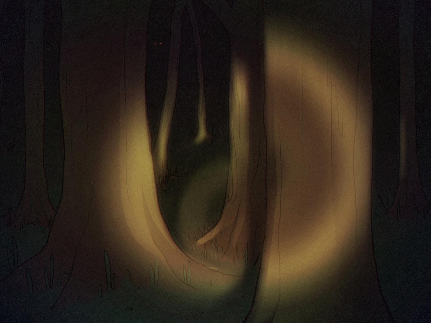 A moody, atmospheric illustration depicts a dimly lit forest, with soft beams of light filtering between tree trunks and casting warm, glowing highlights.