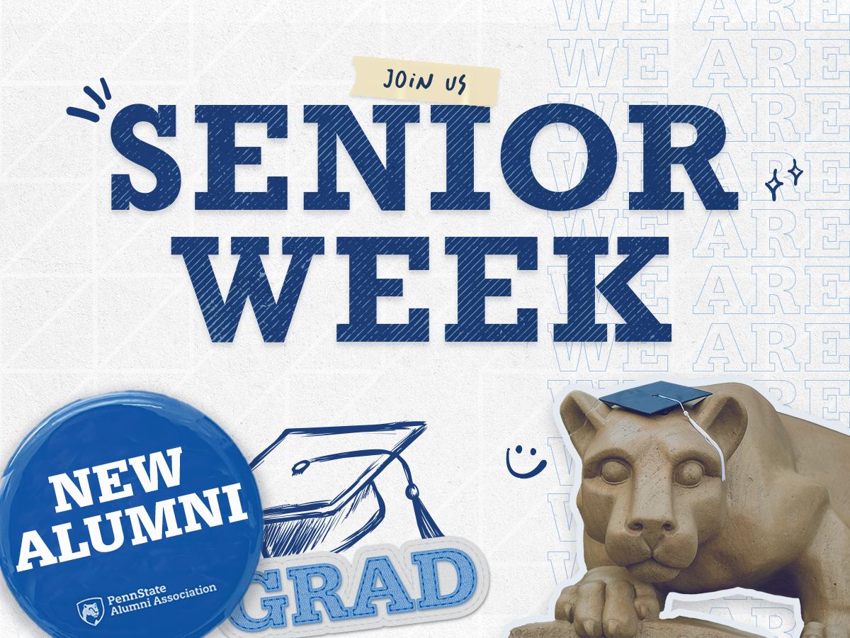"Join us at Senior Week" graphic image with graduation stickers