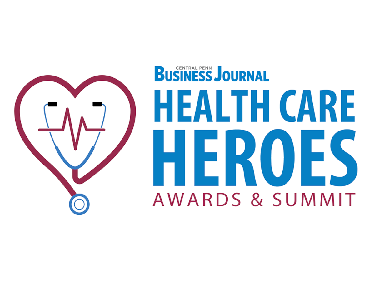 Illustration of a stethoscope in the shape of a heart with an EKG line in the center. To the right it says, “Central Penn Business Journal Health Care Heroes Awards & Summit.”