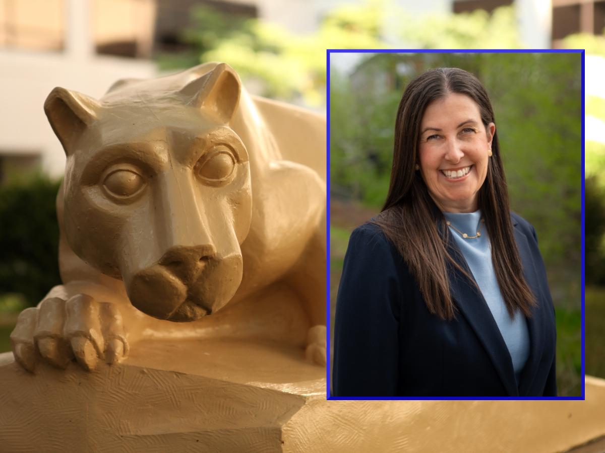 A headshot of Dara Royer wearing professional attire is placed over top a larger image of a Penn State Nittany Lion statue.