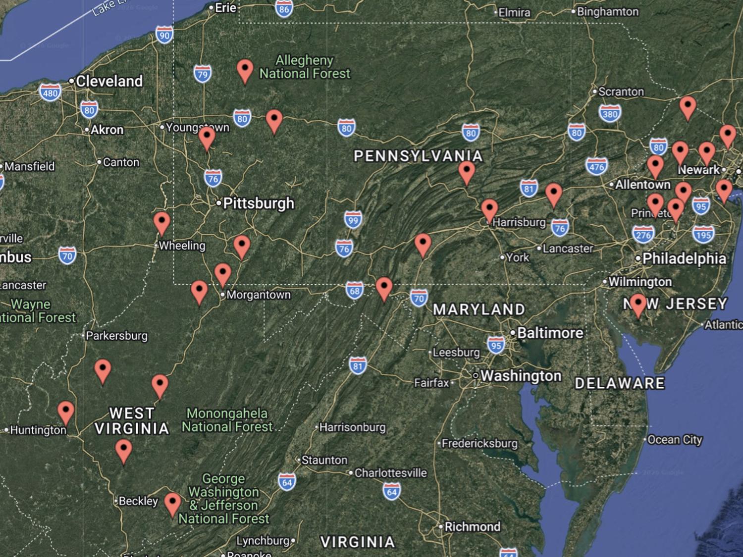 A map of Pennsylvania, West Virginia and New Jersey showing locations of teachers with red arrows