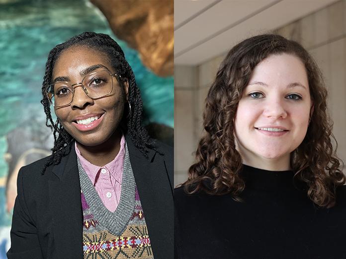 Side by side head shots. On the left a young black woman with glasses smiling and on the right a young white woman with dark hair smiling