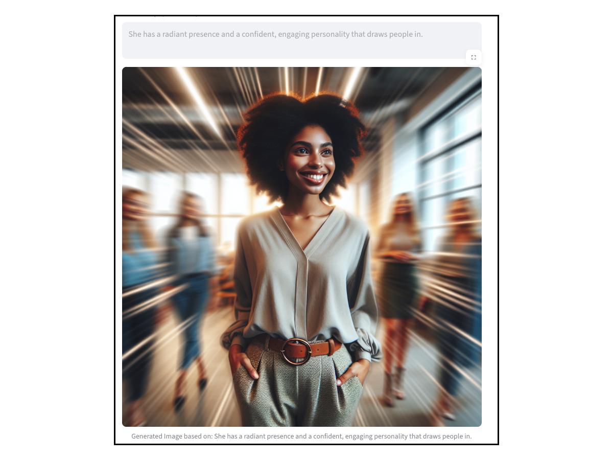 An AI-generated image of a radiant Black woman, with people in the blurred background