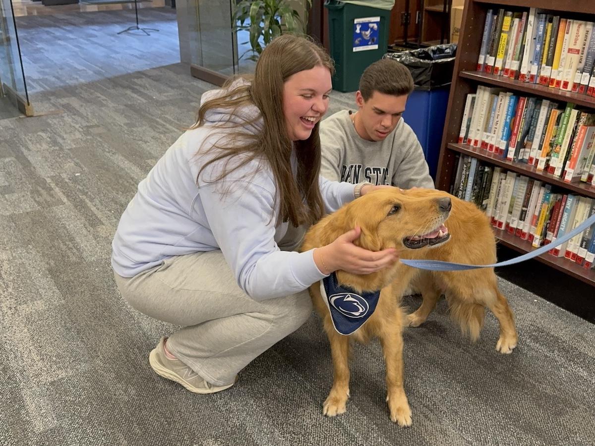 Two students petting Rosie the therapy dog, a golden retriever