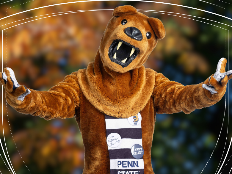 photo of the nittany lion mascot with his arms spread open wide in a welcoming gesture