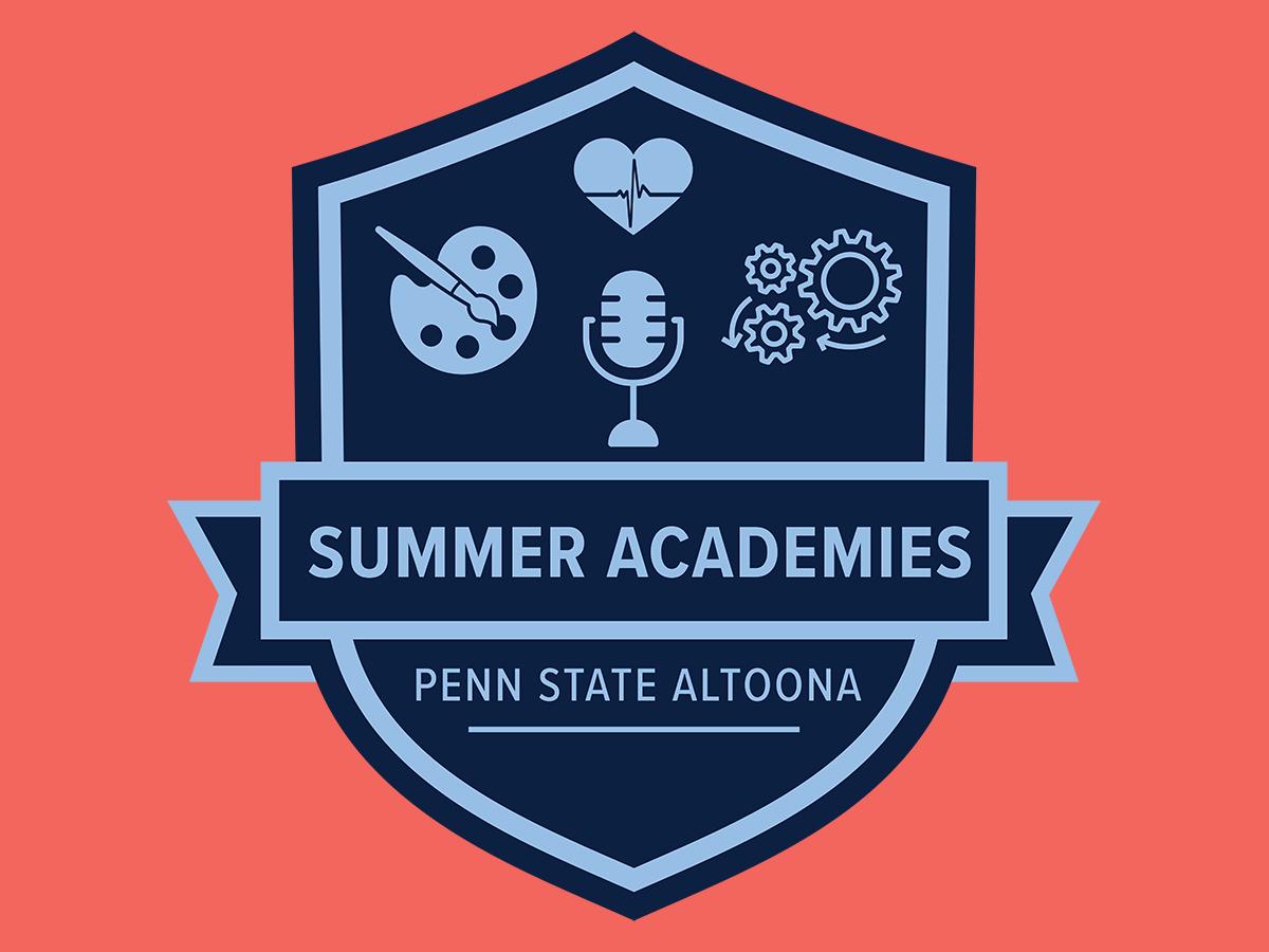 A graphic features a shield design with icons representing arts, health, communication, and engineering above the text Summer Academies and Penn State Altoona on a salmon-colored background.
