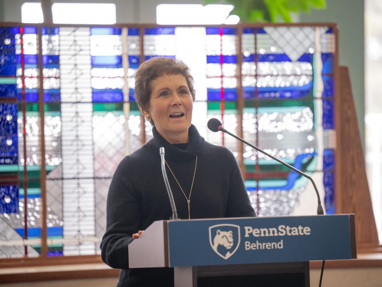 Jana Goodrich, president and CEO of Seaway Manufacturing, receives the Mary Behrend Impact Award.