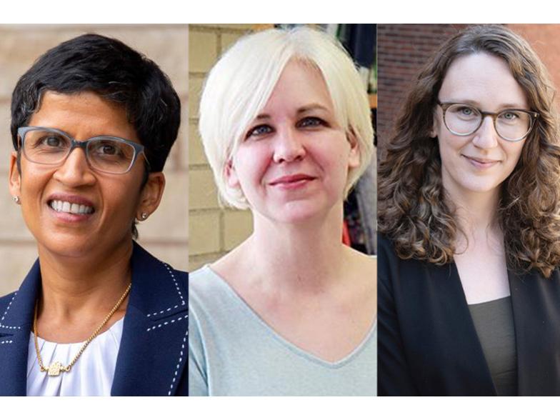 Three headshots in a composit side-by-side image from left an Indian woman with dark hair, a white woman with blonde hair and a white woman with brown hair