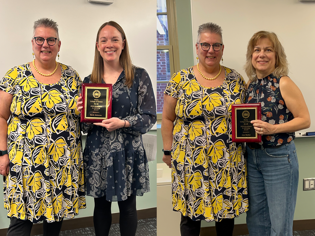 Two images of Carolyn Jensen presenting the Academic Advising Award to Beth Johnson and Ana Butler.