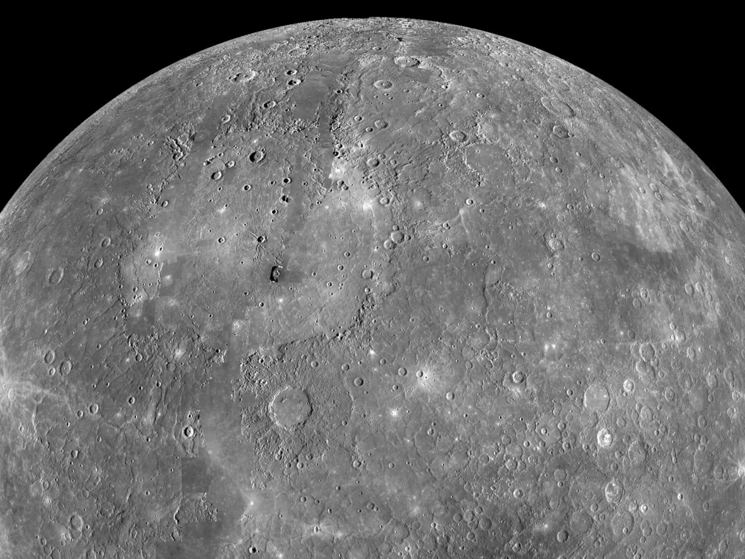 Grey image of bare planet with craters