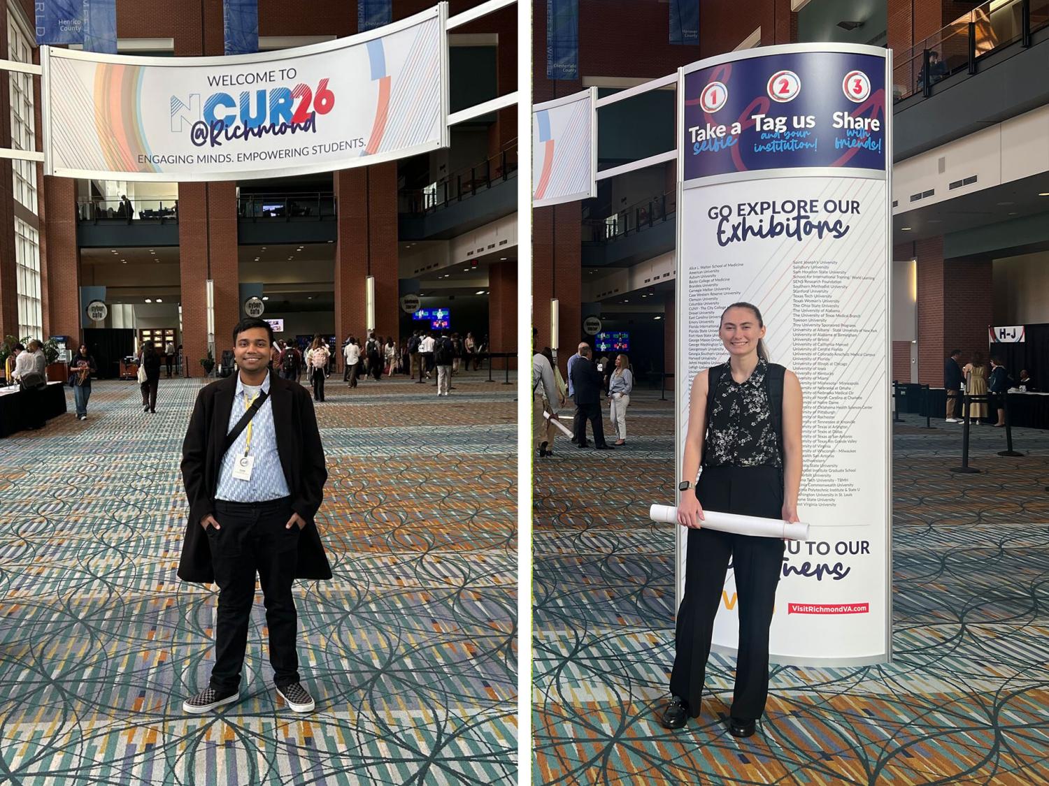 Side-by-side photos of individuals standing in front of conference signage