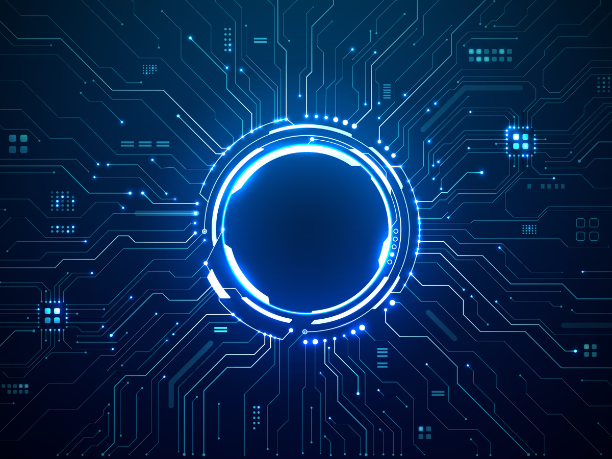 Blue AI circuit circle with tech lines.