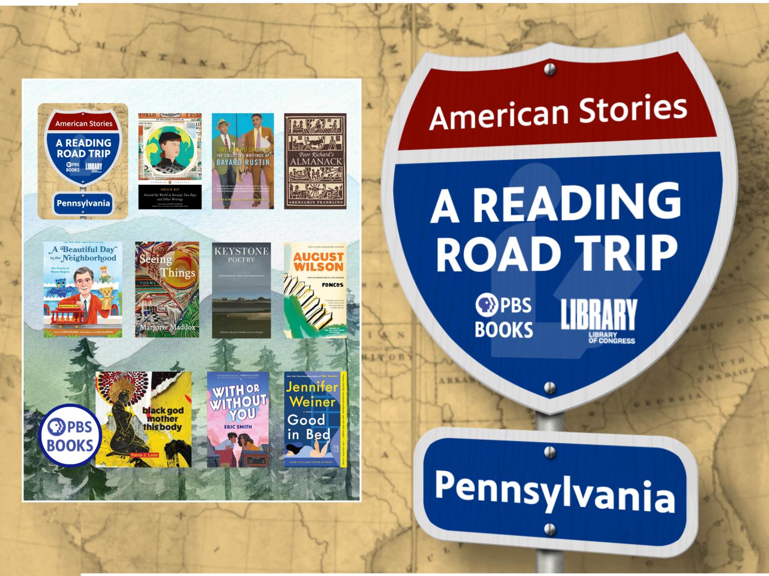 A Reading Road Trip road sign, blue and red with white lettering