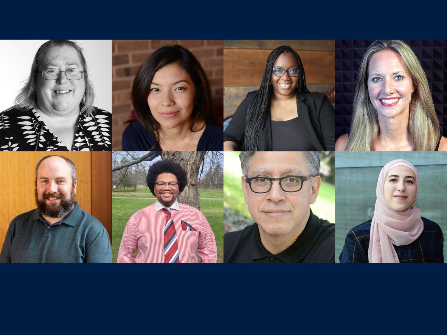 Eight head shots of adults from left: a white woman with brown hair and glasses, an Asian woman with dark hair, a black woman with dark hair, a white woman with blonde hair, a white man with brown hair and a beard, a black man with dark hair and glasses, a Hispanic man with grey hair and glasses, a middle eastern woman with a head scarf 
