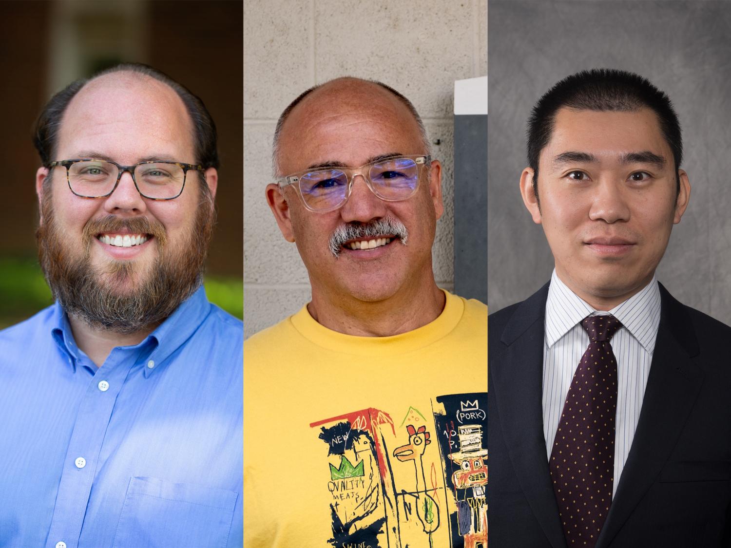 A triptych of headshots showing the 2026-27 Huck Institutes leadership fellows: Joshua Kellogg, Andrew Deans, and Le Bao