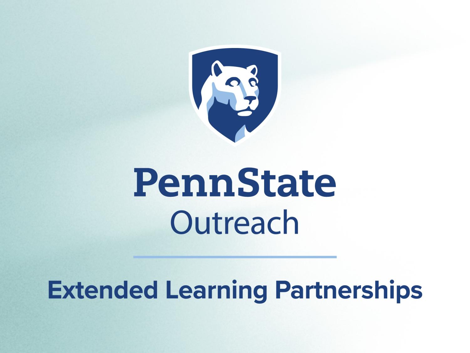 Blue word copy that reads Penn State Outreach Extended Learning Partnerships with Nittany Lion mark on a green background