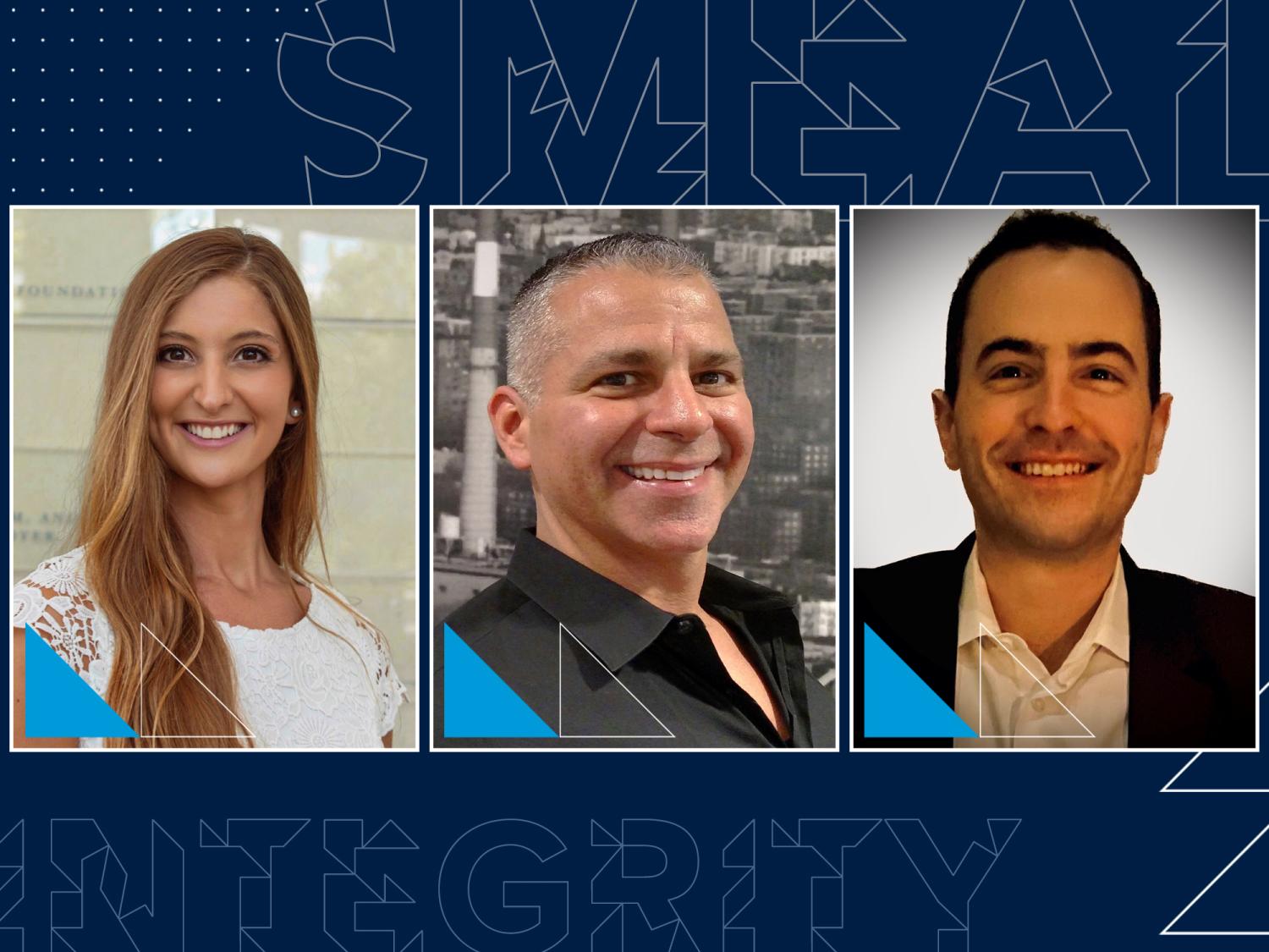 A graphic reading Smeal on the top and Integrity below three photos featuring, from left to right, a woman and two men.