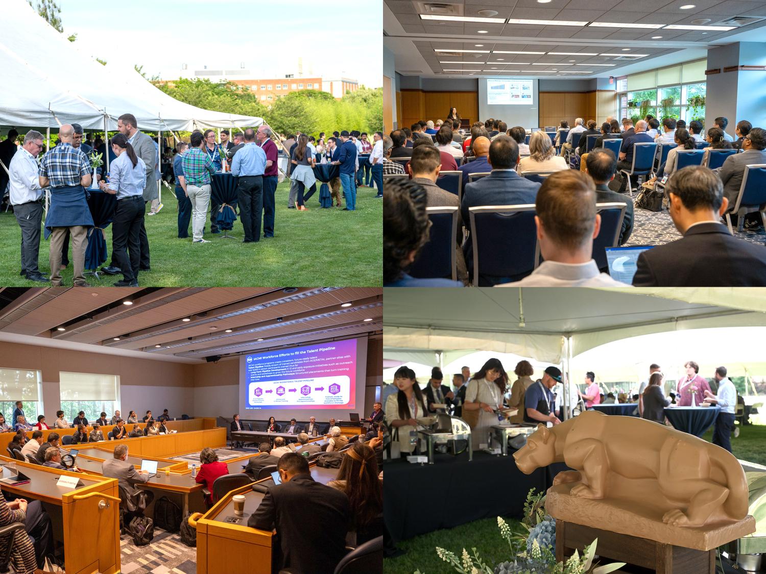 a collage of multiple photos, including participants watching panels and speaking with one another at a banquet.  
