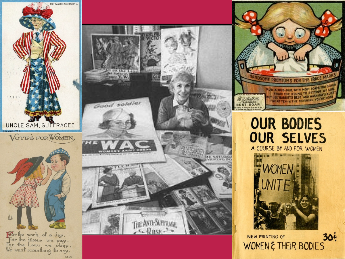 collage of four historic illustrations with women's suffrage, equal rights, feminist messages with black and white photo of woman behind table of similar documents