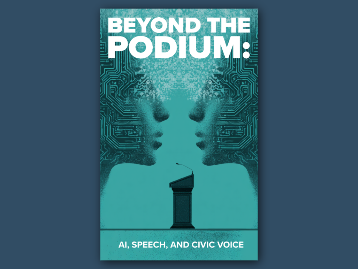 book cover of two opposing faces in profile patterned with digital chip circuitry, speaker podium centered below their chins
