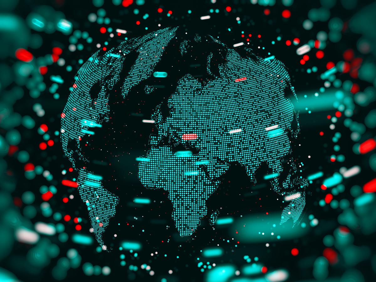 illustration of the globe with pixels of red and aqua