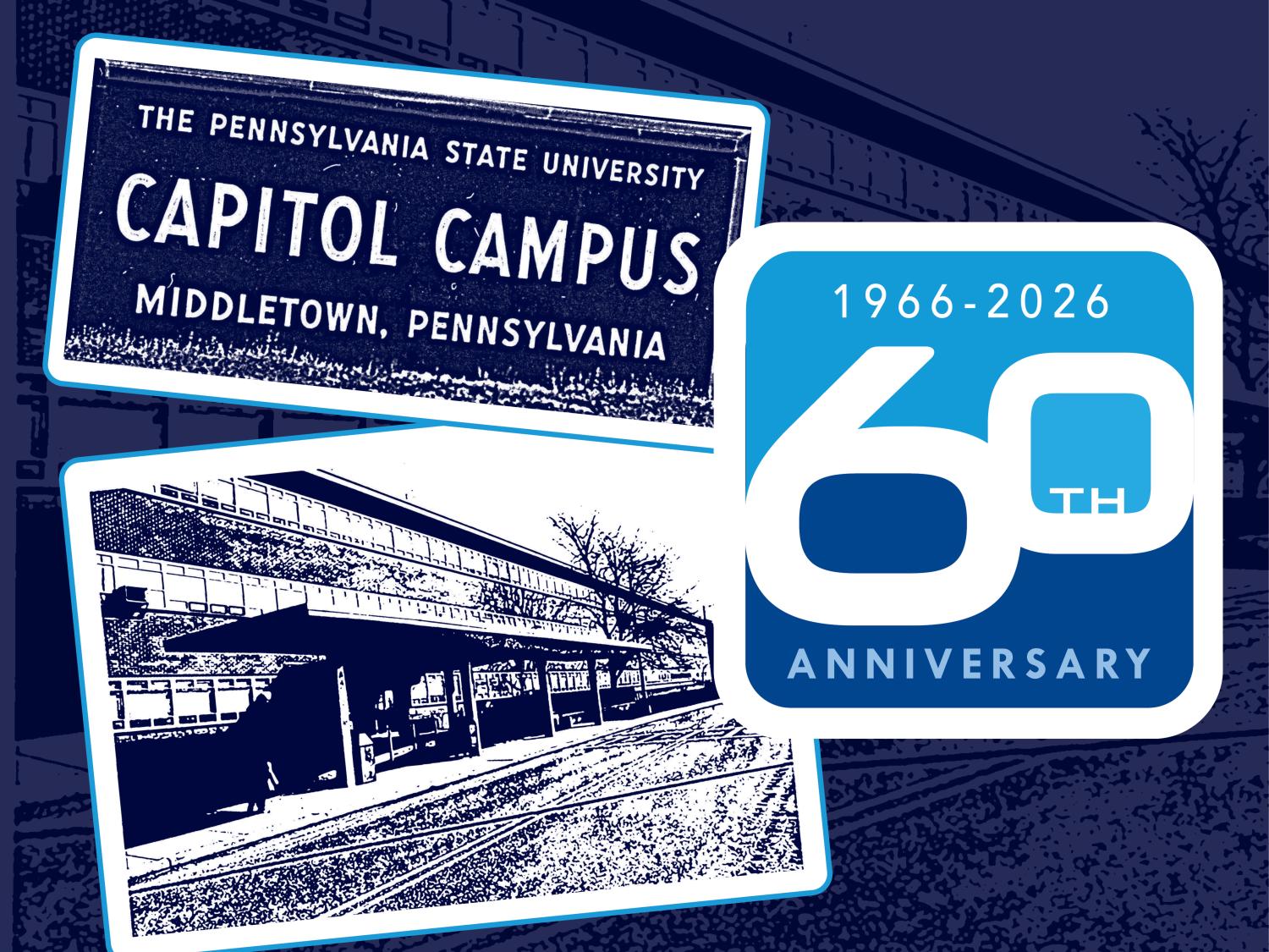 Penn State Harrisburg 60th anniversary logo, with photo of original Capitol Campus sign and old Olmsted Building photo, on blue background
