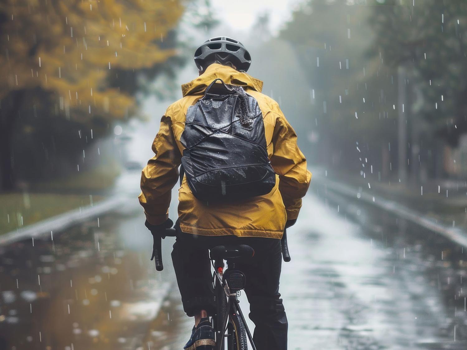 Student biking in wet weather. 