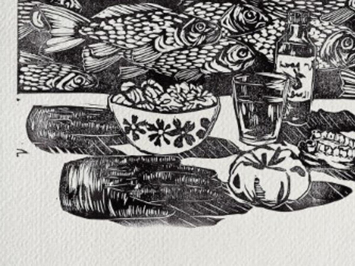 Black-and-white illustration of a meal with fish, a bowl, glasses, a bottle, bread, and an apple.