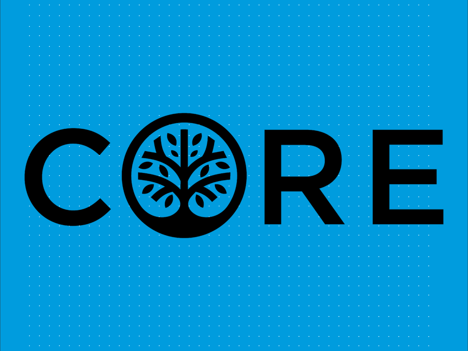 CORE logo: the word 'CORE' in bold black letters, with the 'O' stylized as a circle containing a black-and-white tree icon with branching roots and leaves.