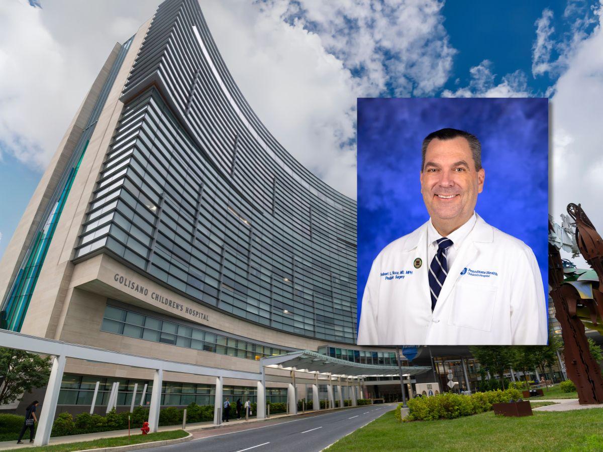 Exterior of Penn State Health Children’s Hospital Golisano Children’s Hospital, with a portrait of pediatric surgeon Dr. Robert Ricca inset in the upper right.