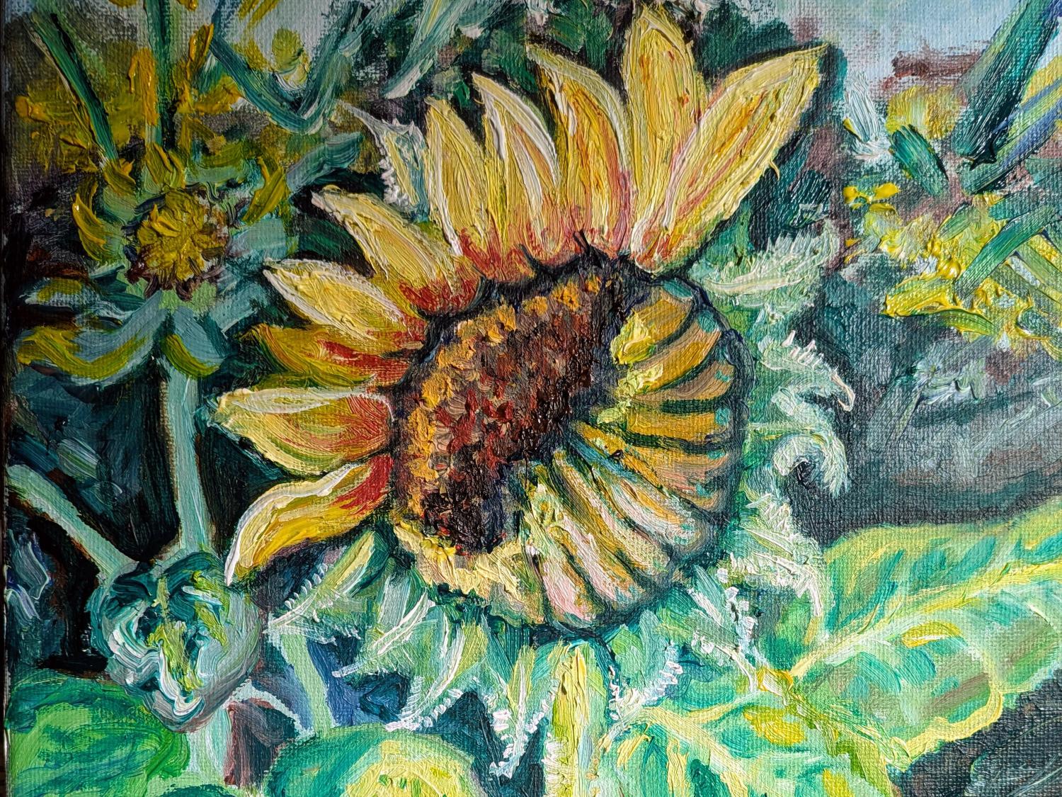A painting of a colorful sunflower by Elena Yakhnina