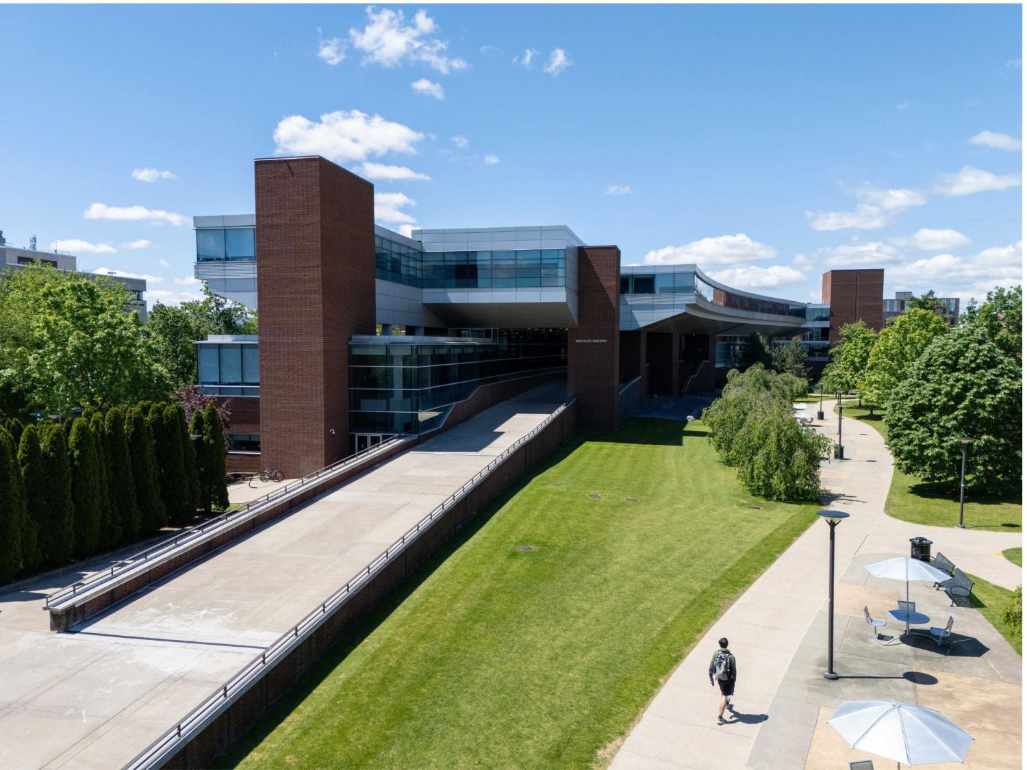Drone shot of Westgate Building at Penn State