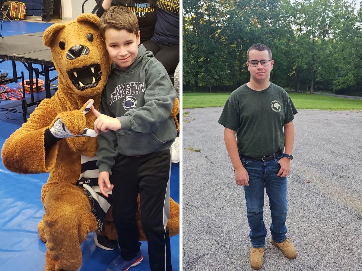 Side-by-side photos show Taiven at two stages of his journey. In the left image, he poses with the Penn State Nittany Lion mascot at THON. In the right image, he stands outdoors wearing a York County School of Technology landscaping program T-shirt, jeans and work boots.