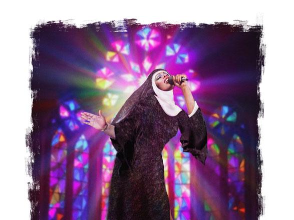 Singing nun with stained glass and disco lights in background