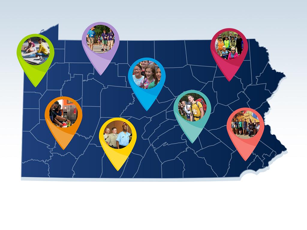 Blue map of Pennsylvania with circle shaped photos of people doing different activities
