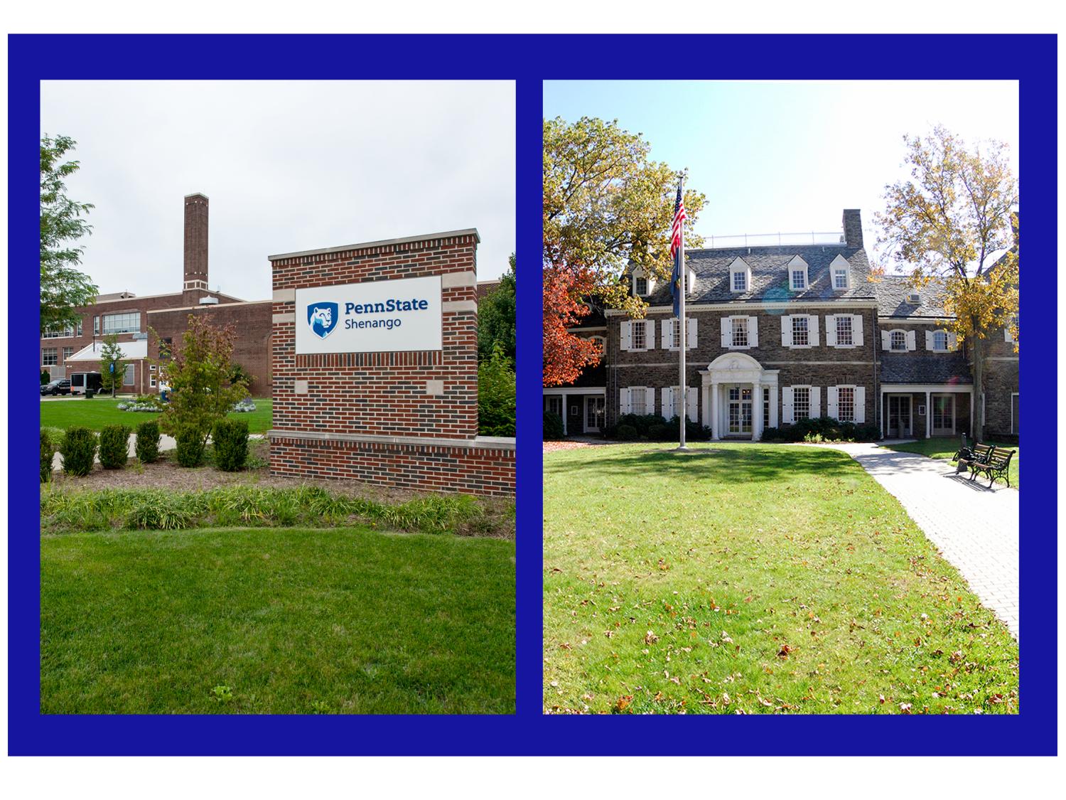 A single image of two images: Shenango's campus sign on the left and on the right Wilkes-Barre's Hayfield House
