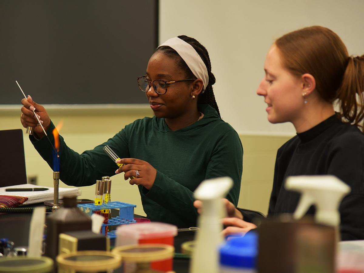 Two students conduct a laboratory experiment, heating a test tube over a flame.