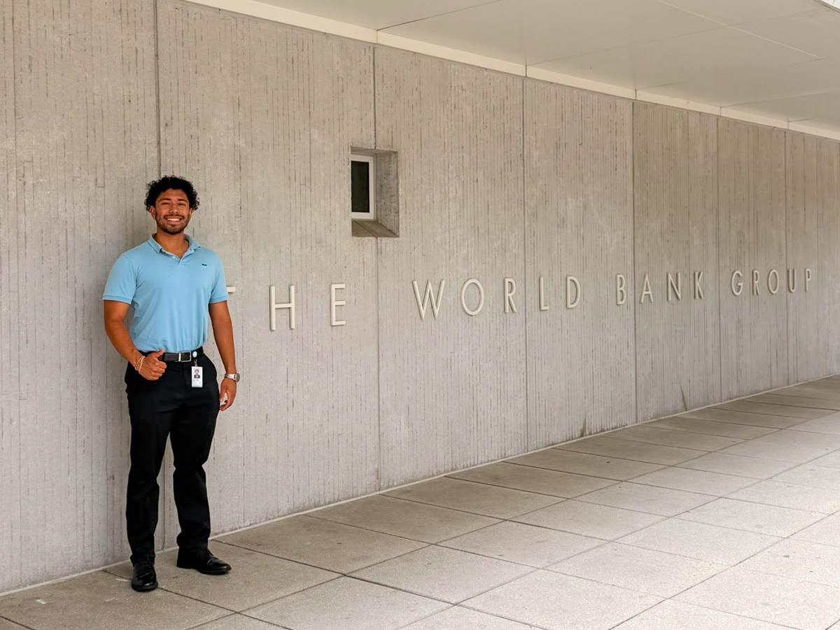 Daniel Garcia Calao stands in front of the World Bank Treasury in Washington, D.C.