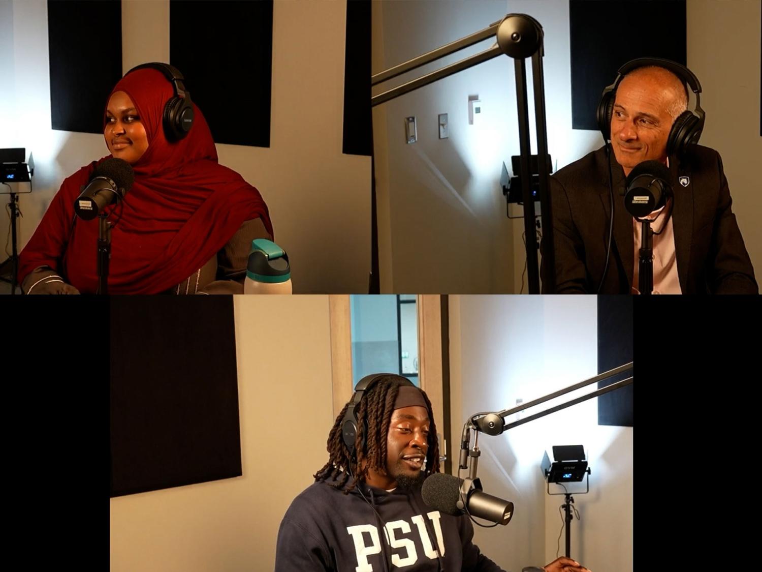 People recording in Penn State Abington's podcast studio