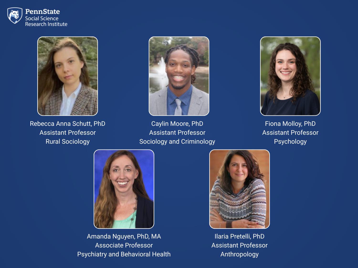Blue graphic with five headshots of SSRI's 26-27 co-funded faculty