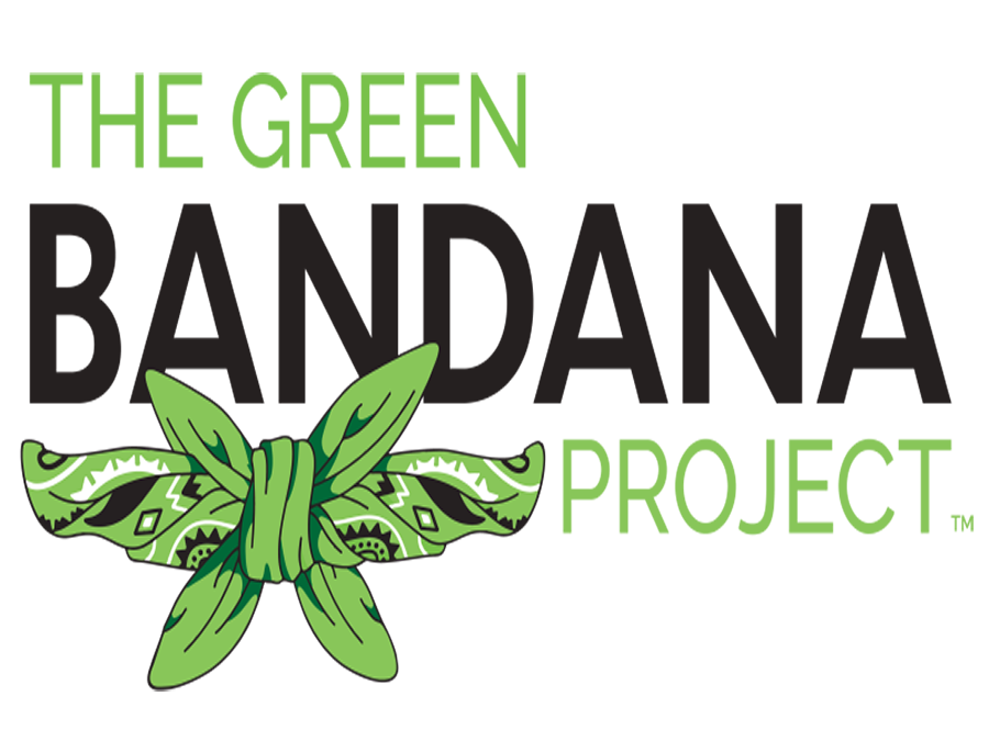 The words Green Bandana Project with a graphic of a tied green bandana underneath