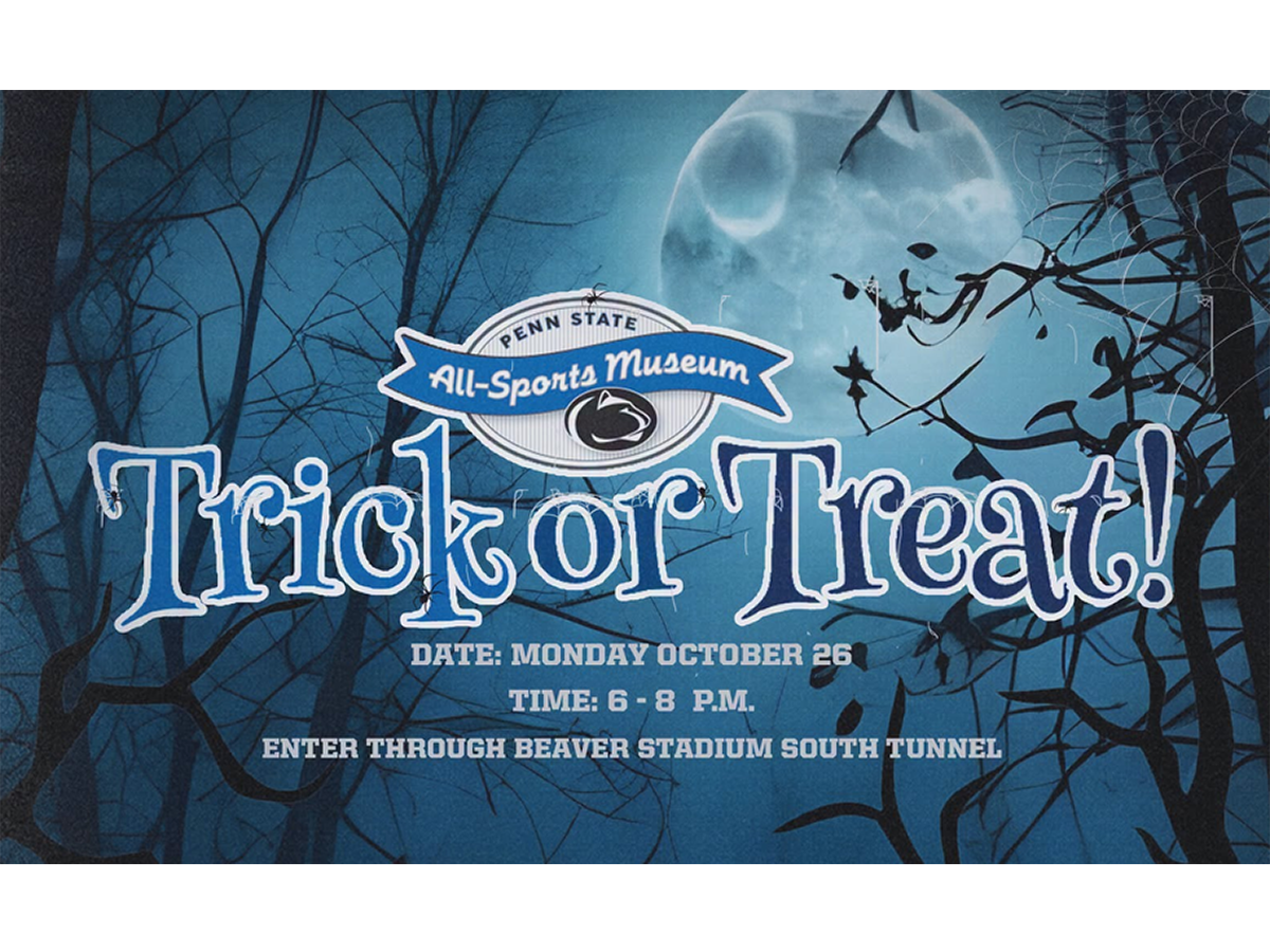 Beaver Stadium trick or treat banner on a spooky background